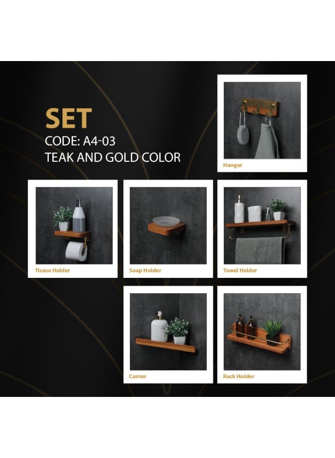 طقم إكسسوارات حمام من خشب الساج والذهب